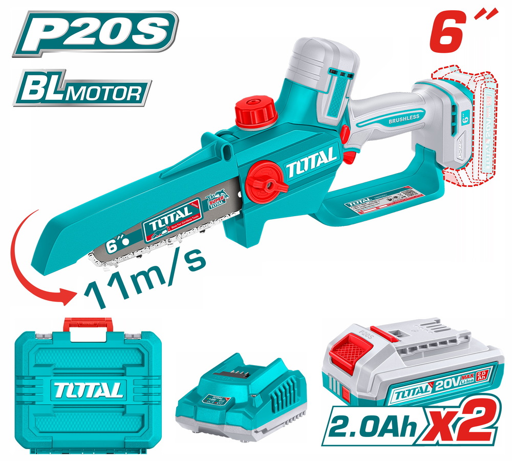 Total TGSLI20662E Κλαδευτικό Αλυσοπρίονο Μπαταρίας Li-ion 20V / 6"/2Ah / 2 Μπαταρίες Σε Βαλίτσα Brushless Motor