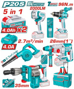 Total TOSLI251083E Σετ 5 Τεμάχια Εργαλείων Μπαταρίας Li-ion 20V / 4Ah / 2 Μπαταρίες Brushless Motor