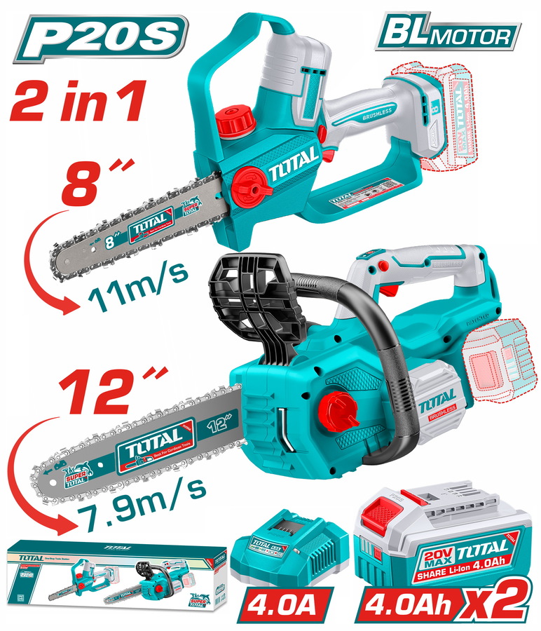 Total TOSLI251085E Σετ Αλυσοπρίονα 8" + 12" Μπαταρίας Li-ion 20V / 4Ah / 2 Μπαταρίες Brushless Motor