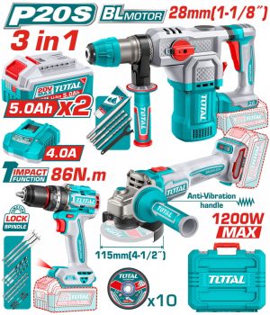 Total TOSLI251195E Σετ Κρουστικό Δραπανοκατσάβιδο & Γωνιακός Τροχός & Πνευματικό Πιστολέτο Μπαταρίας Li-ion 20V
