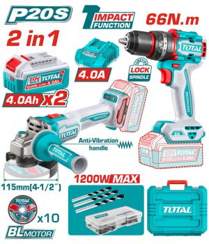 Total TCKLI20256E Σετ Κρουστικό Δραπανοκατσάβιδο & Γωνιακός Τροχός Μπαταρίας Li-ion 20V / 4Ah / 2 Μπαταρίες