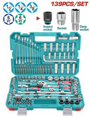 Total THKTHP21396 Καρυδάκια Κασετίνα 1/4"-3/8"-1/2" & Εργαλεία Χειρός 139 τεμαχίων