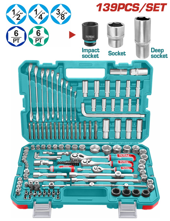 Total THKTHP21396 Καρυδάκια Κασετίνα 1/4"-3/8"-1/2" & Εργαλεία Χειρός 139 τεμαχίων