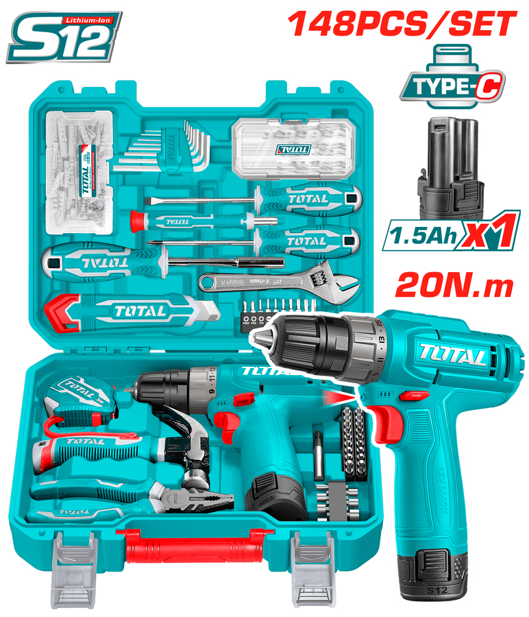 Total THKTHP41487E Σετ Δραπανοκατσάβιδο Μπαταρίας Li-ion 12V / 1.5Ah / 20Nm 148 Τεμαχίων Type C