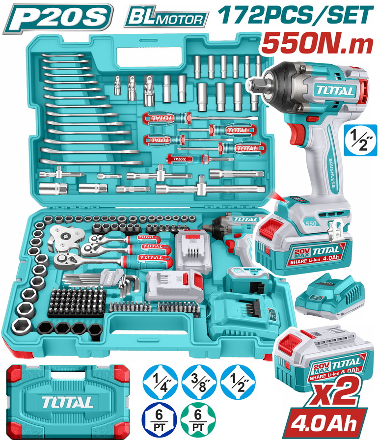Total THKTHP41728E Σετ Μπουλονόκλειδο Μπαταρίας Li-ion 20V / 550Nm / 4Ah / 2 Μπαταρίες 172 Τεμάχια