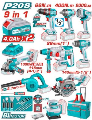 Total TOSLI250381E Σετ 9 Τεμαχίων Μπαταρίας Li-ion 20V / 4Ah / 2 Μπαταρίες BL Motor