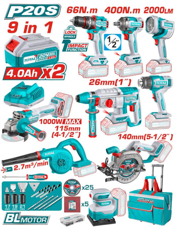 Total TOSLI250381E Σετ 9 Τεμαχίων Μπαταρίας Li-ion 20V / 4Ah / 2 Μπαταρίες BL Motor