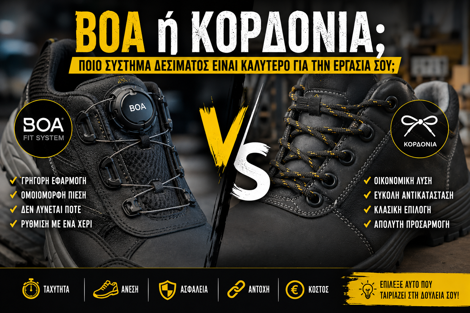 BOA ή Κορδόνια; Ποιο σύστημα δεσίματος είναι καλύτερο για παπούτσια εργασίας;