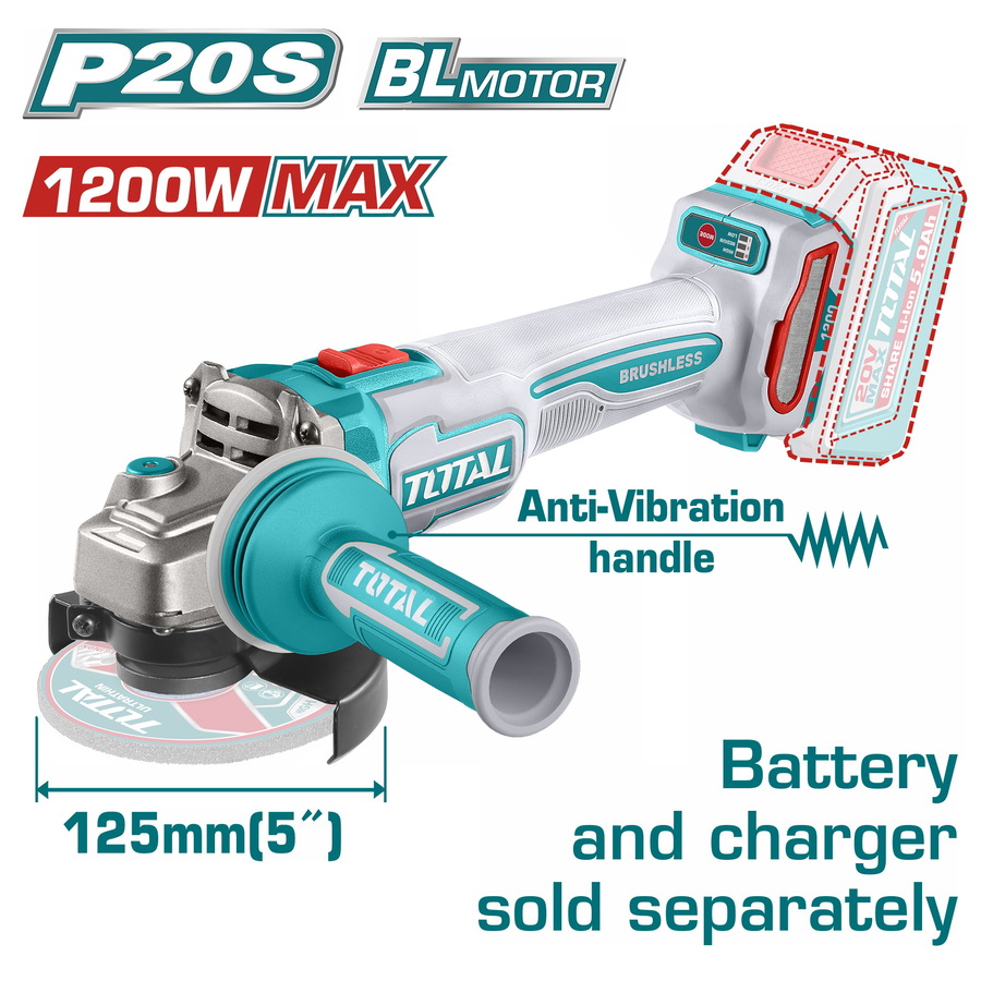 Total TAGLI212027E Γωνιακός Τροχός Μπαταρίας Li-ion 20V / 125mm Χωρίς Μπαταρία & Φορτιστή Brushless Motor