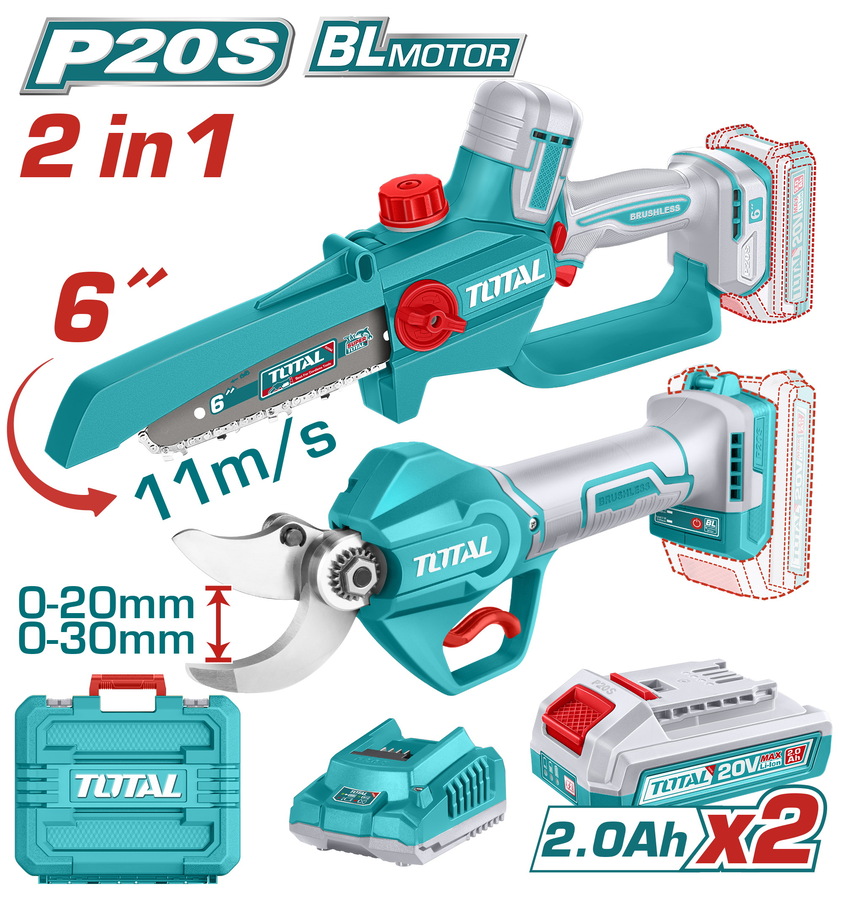 Total TOSLI250795E Σετ Αλυσοπρίονο & Ψαλίδι Κλαδέματος Li-ion 20V / 2Ah / 2 Μπαταριες Brushless Motor