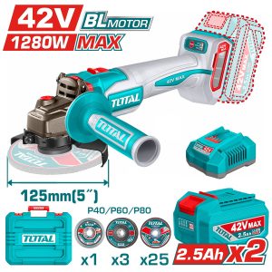 Total TAGLI4128112E Σετ Γωνιακός Τροχός 115mm Μπαταρίας Li-ion 42V / 2.5Ah / 2 Μπαταρίες Brushless Motor