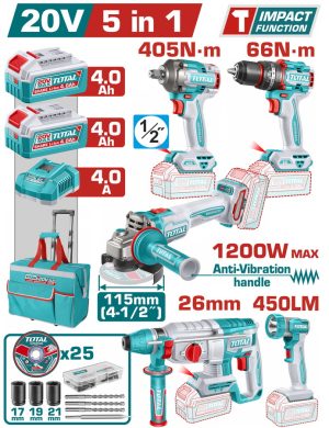 Total TCKLI20595E Σετ 5 Τεμάχια Εργαλείων Μπαταρίας Li-ion 20V / 4Ah / 2 Μπαταρίες