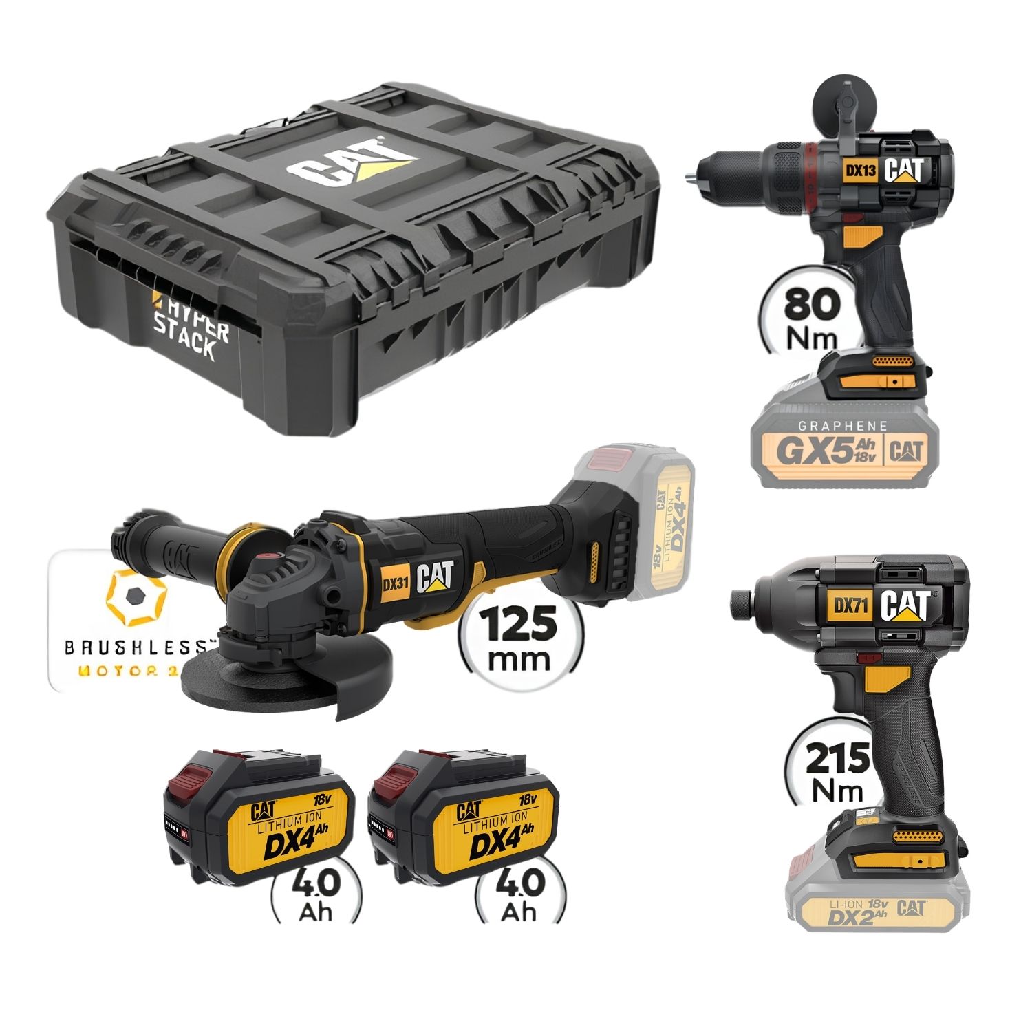 Cat Combo-22 DA41002 Γωνιακός DX314B, Δράπανο DX13B, Κατσαβίδι DX71B, Εργαλειοθήκη