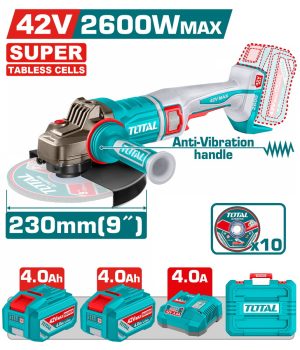 Total TAGLI4260182 Σετ Γωνιακός Τροχός 230mm Μπαταρίας Li-ion 42V / 4Ah / 2 Μπαταρίες Brushless Motor