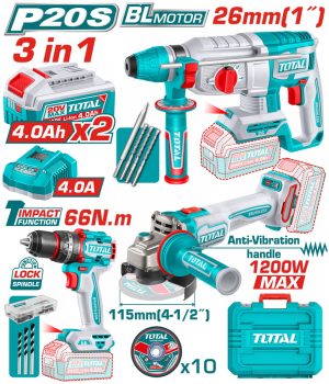Total TCKLI202598E Σετ Κρουστικό Δραπανοκατσάβιδο & Γωνικός Τροχός & Πνευματικό Πιστολέτο Μπαταρίας Li-ion 20V