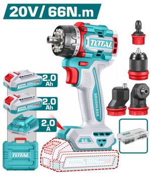 Total TDLI206686E Δραπανοκατσάβιδο Compact Με 4 Κεφαλές Μπαταρίας Li-ion 20V/66Nm/2Ah/ 2 Μπαταρίες Brushless Motor