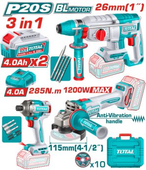 Total TOSLI260191E Σετ Παλμικό Κατσαβίδι & Γωνιακός Κατσαβίδι & Γωνιακός Τροχός & Πνευματικό Πιστολέτο Μπαταρίας Li-ion 20V