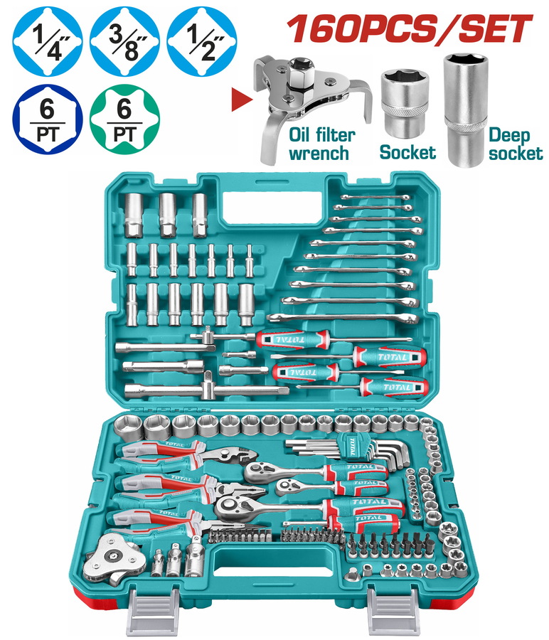 Total THKTHP61607 Κασετίνα Καρυδάκια 1/4"-3/8"-1/2" & Εργαλεία Χειρός 160 Τεμάχια