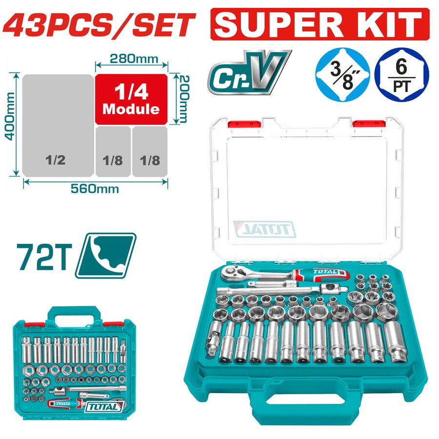 Total THT381436 Κασετίνα Καρυδάκια 3/8" 43 Τεμάχια Super Kit