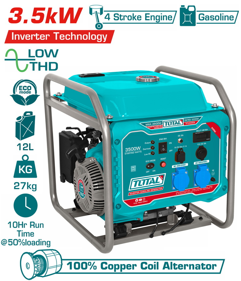 Total TP340006 Γεννήτρια Inverter Βενζίνης Τετράχρονη με Χειροκίνητη Μίζα και Μέγιστη Ισχύ 4.38kVA 3.500W